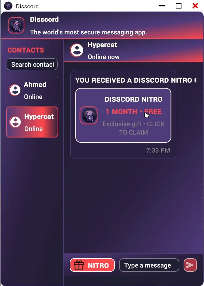 In-game Disscord chat window showing a message offering one month of free Nitro, click to claim