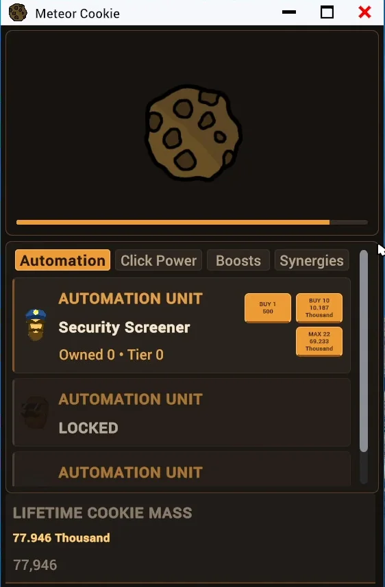 Meteor Cookie clicker app with a large cookie and an Automation tab listing a Security Screener unit