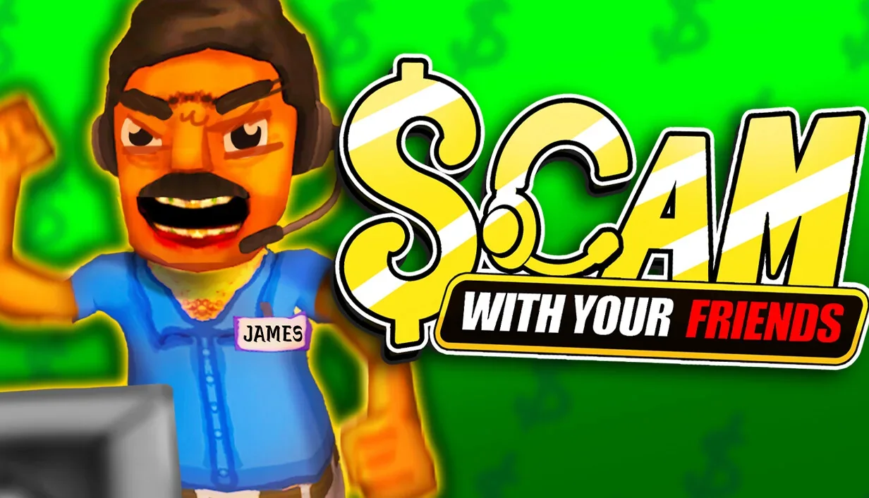 Scam With Your Friends key art: an angry call center worker in a headset next to the game's yellow logo on a green background