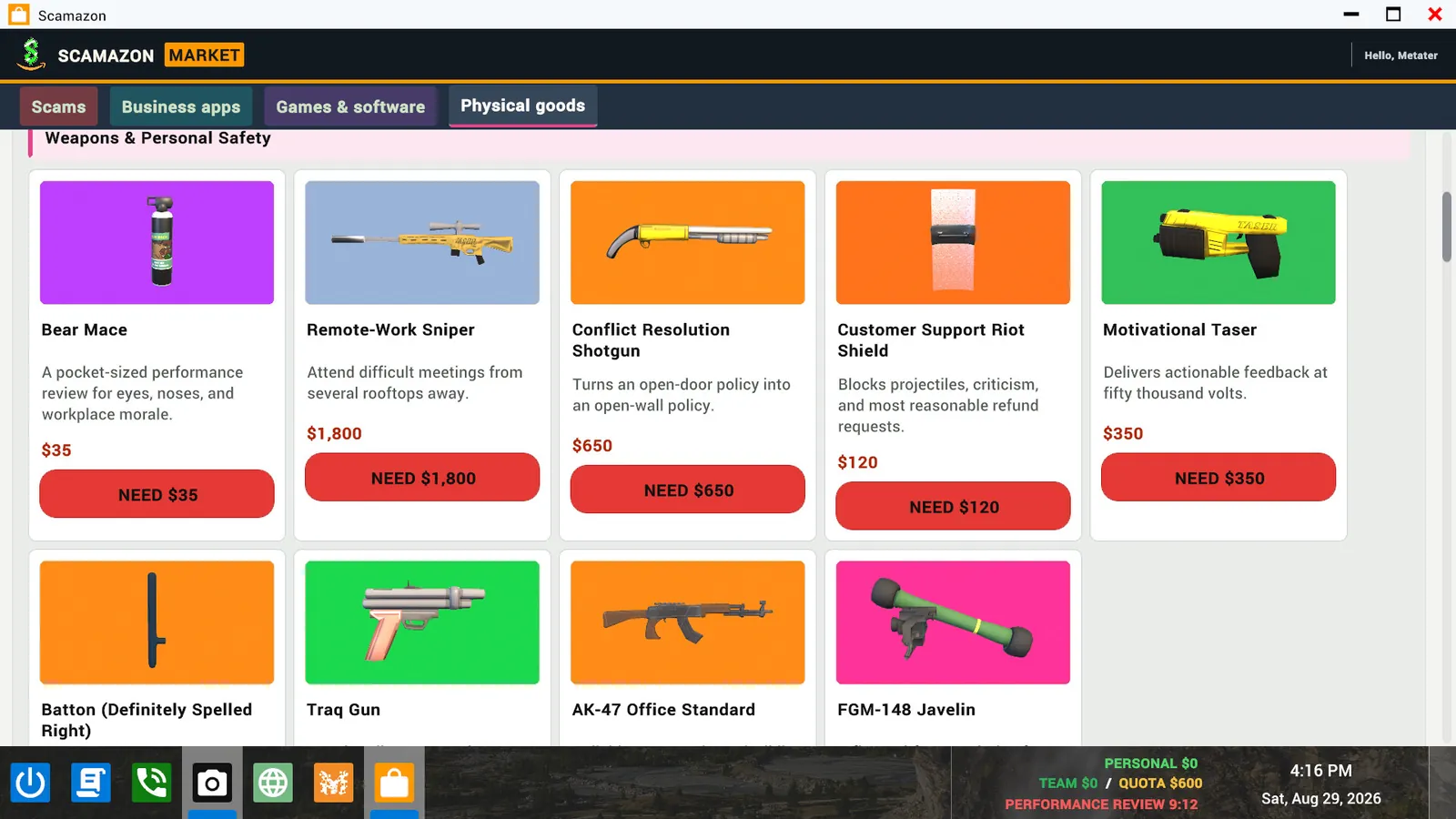 Scamazon Market weapons and personal safety listings including Bear Mace, Remote-Work Sniper, Conflict Resolution Shotgun, Riot Shield and Motivational Taser