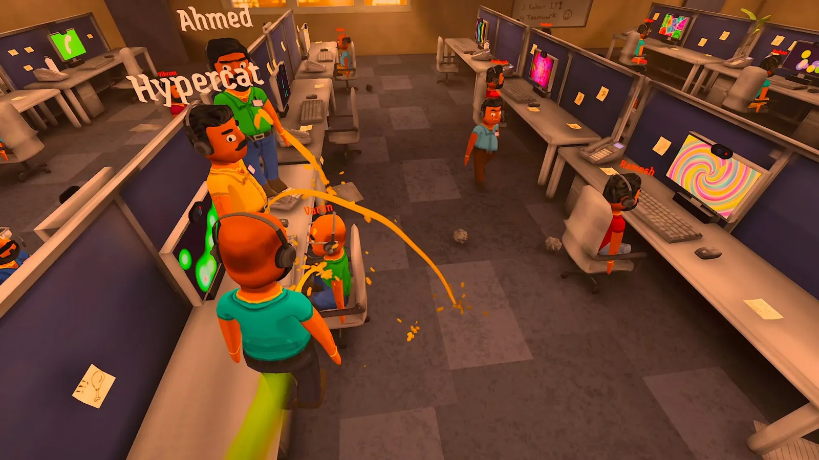 Top-down view of player characters working at desks on the call floor