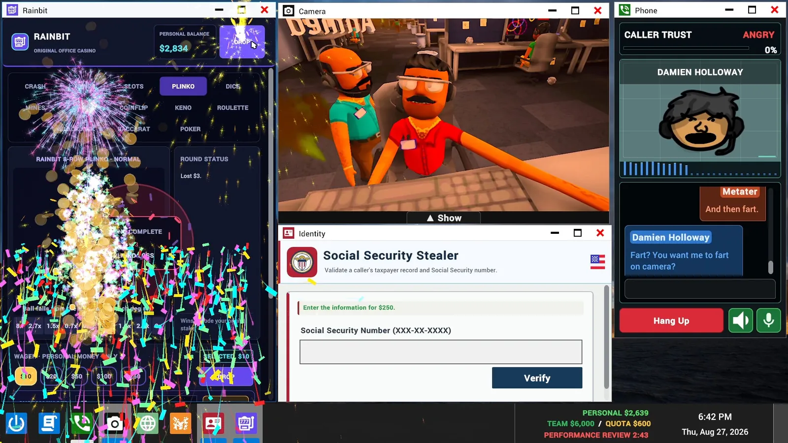 Rainbit casino app showing a Plinko game beside the camera view and a call with Damien Holloway