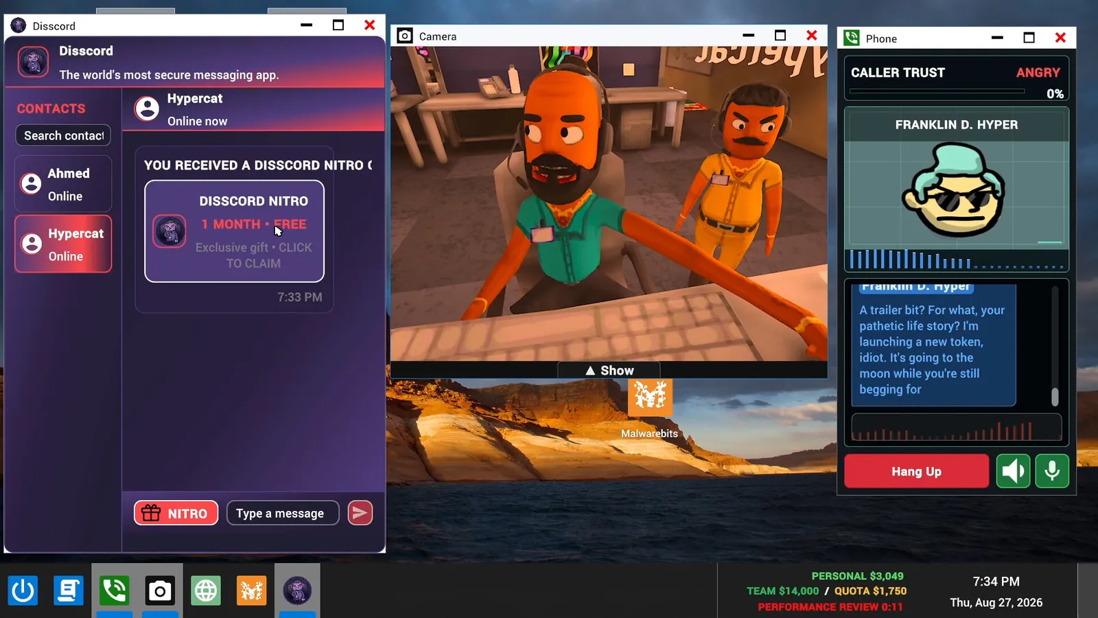 Disscord chat app showing a fake Nitro gift next to a call with Franklin D. Hyper at 0 percent trust