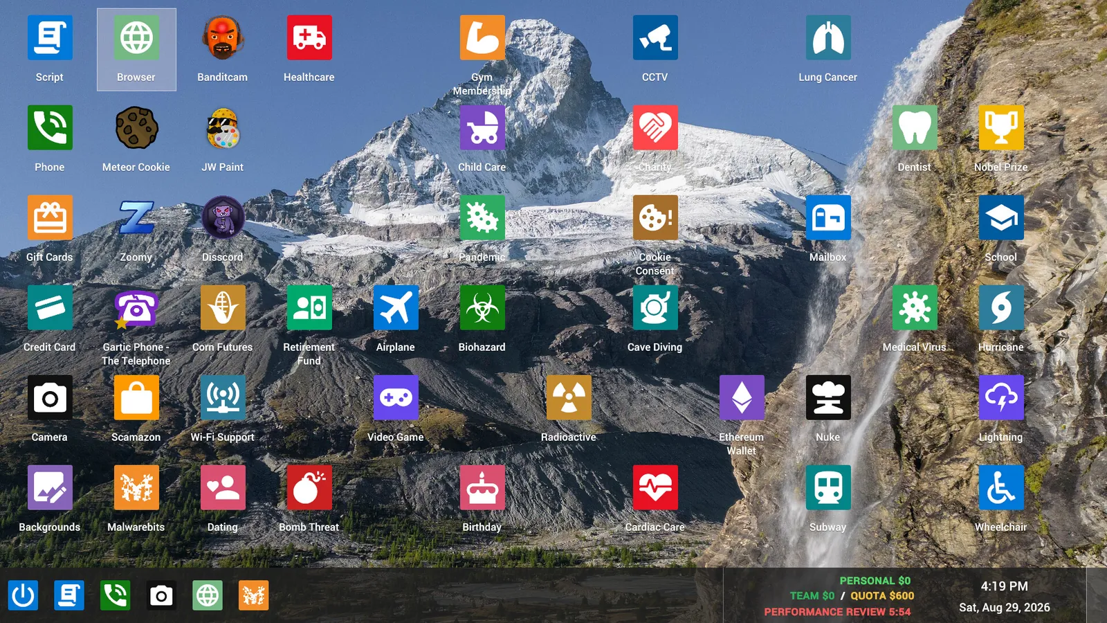 Kolkata OS desktop covered in app icons including Script, Browser, Phone and Scamazon, with a taskbar showing a 600 dollar quota