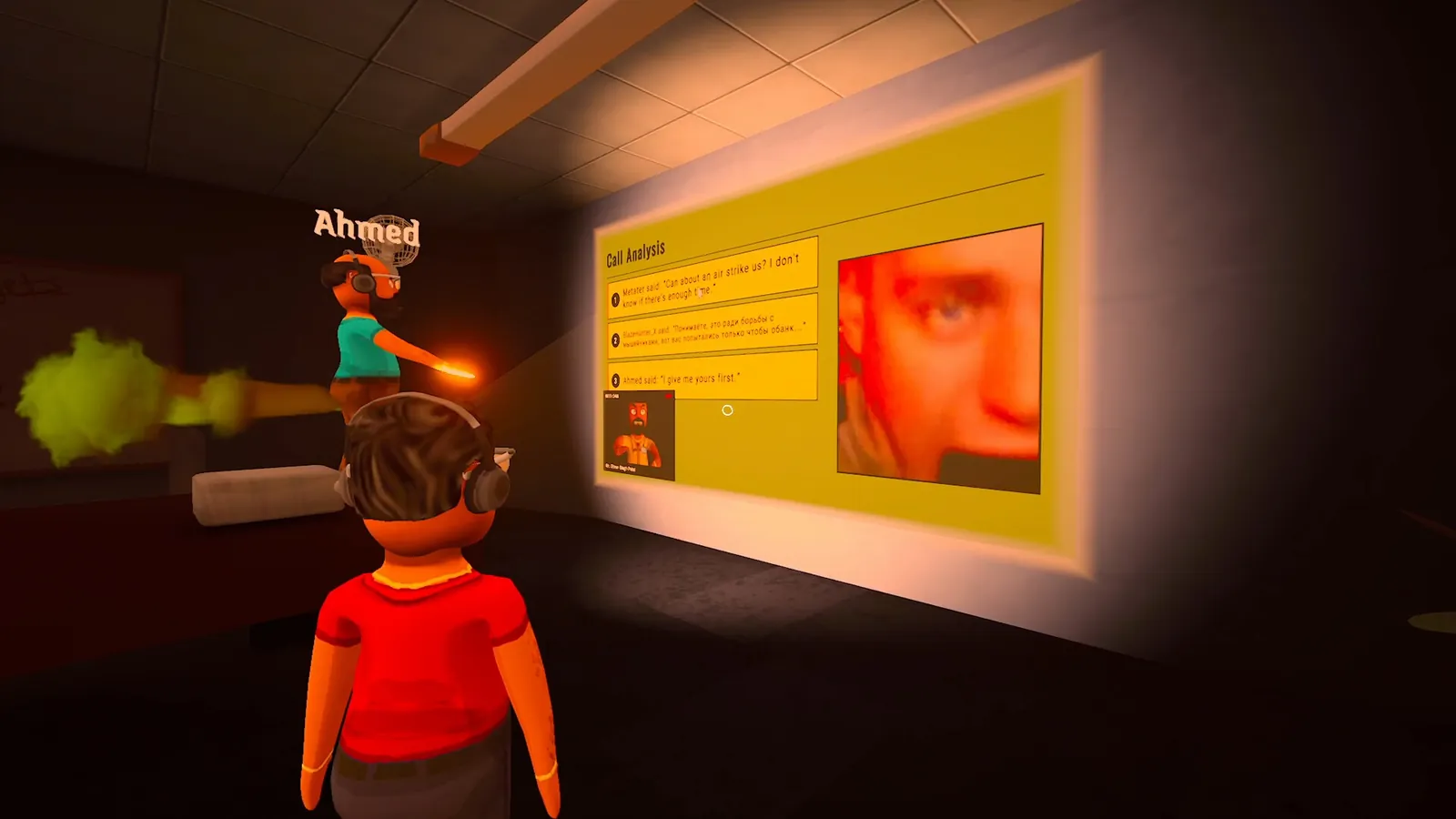 Two player characters in a dark room in front of a projected Call Analysis screen quoting lines from calls